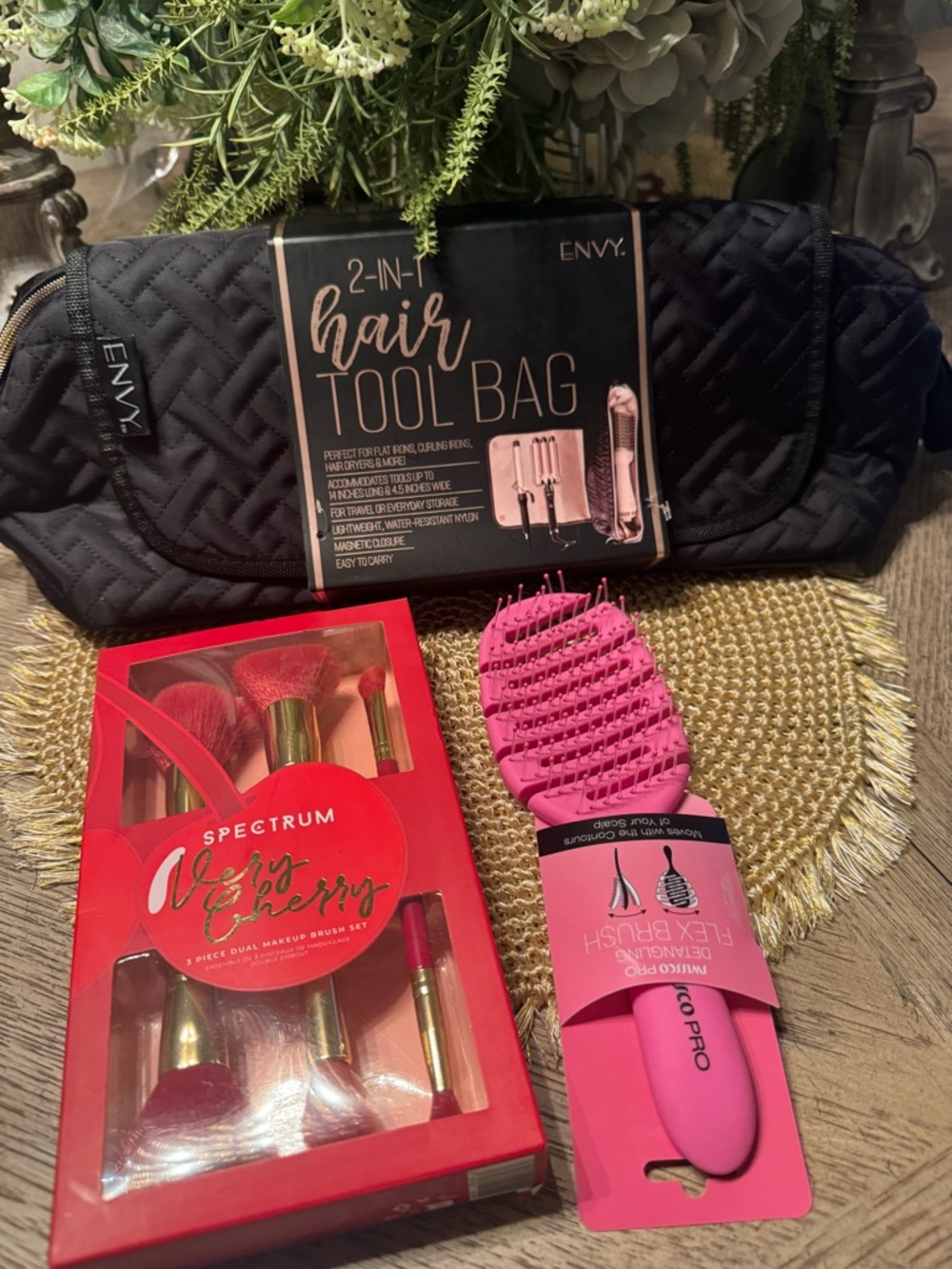 Envy Hair Tool Bag with Pink Brush and Red Makeup Brush Travel Set.  3 Items.